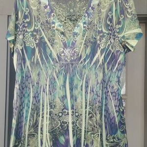 Green/purple short sleeve blouse - like new